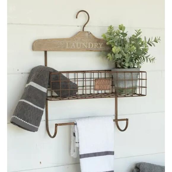 Vintage Rustic Style Laundry Wall Organizer Towel Holder - Picture 4 of 4
